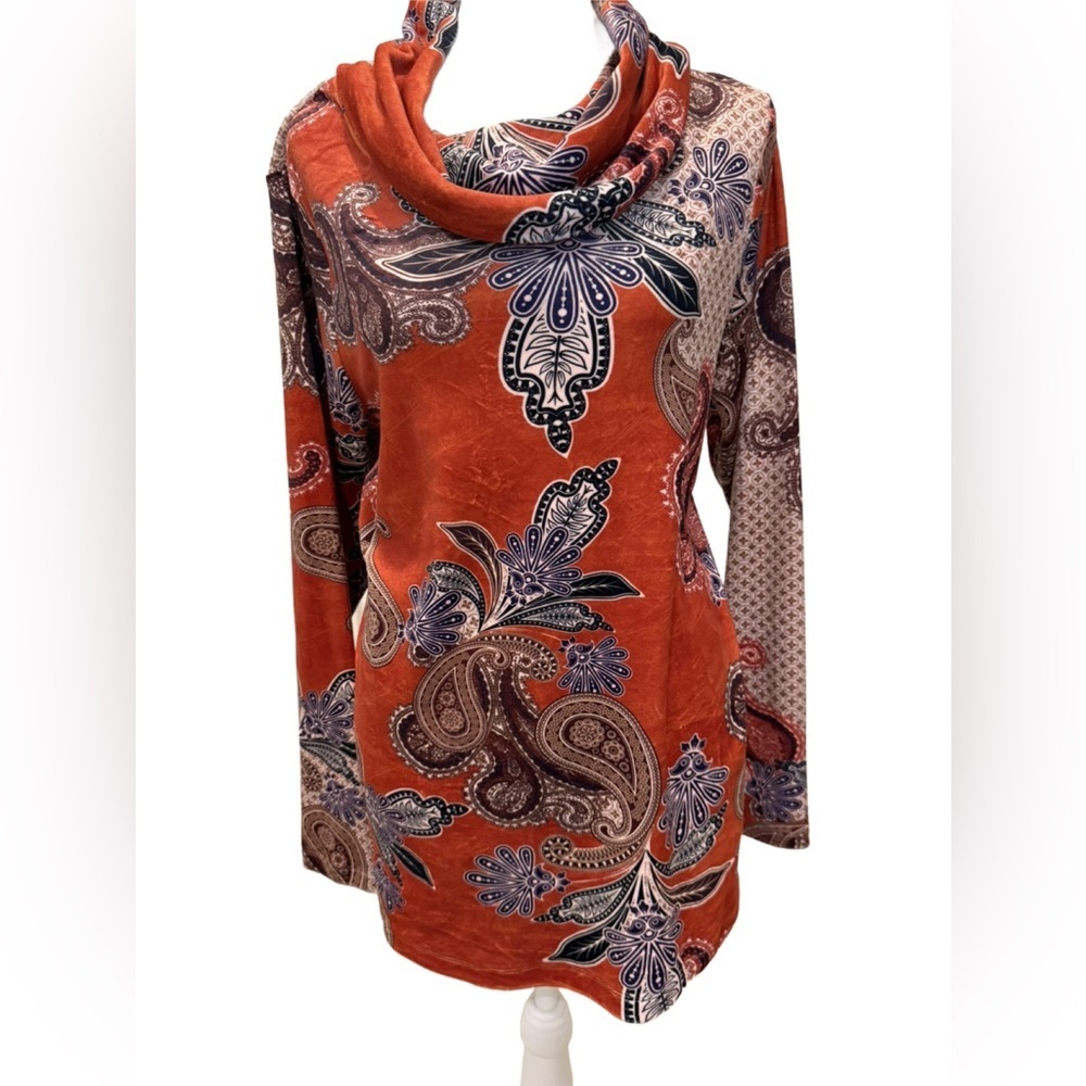 Leo & Nicole Rust Orange and Blue Paisley Cowl Neck Sweater. Large